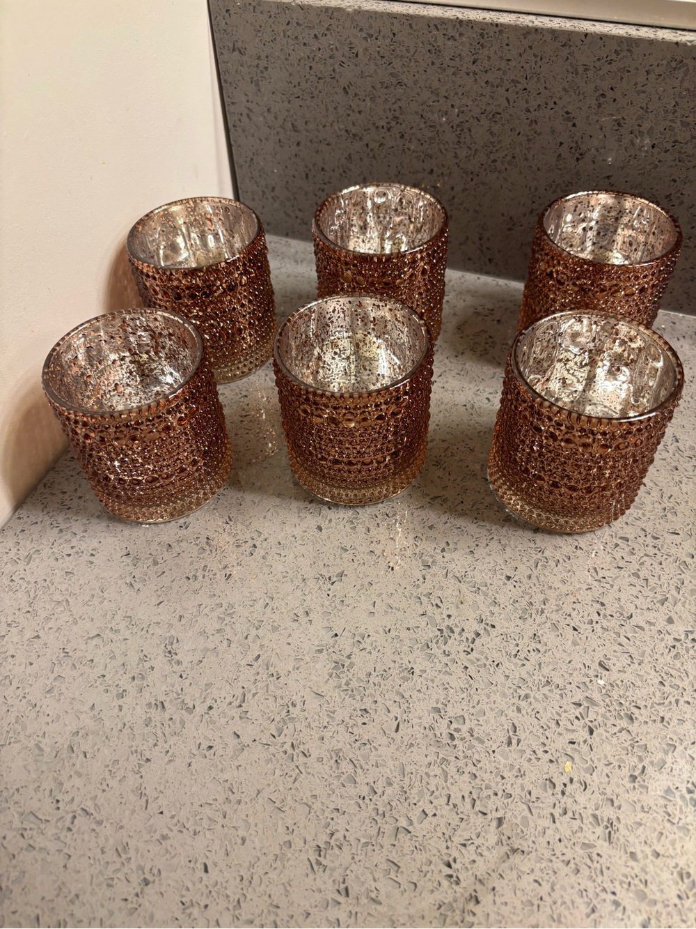 Decorative Rose Gold/ Brownish Glass Votive Candle Holders - Set of 6 in box